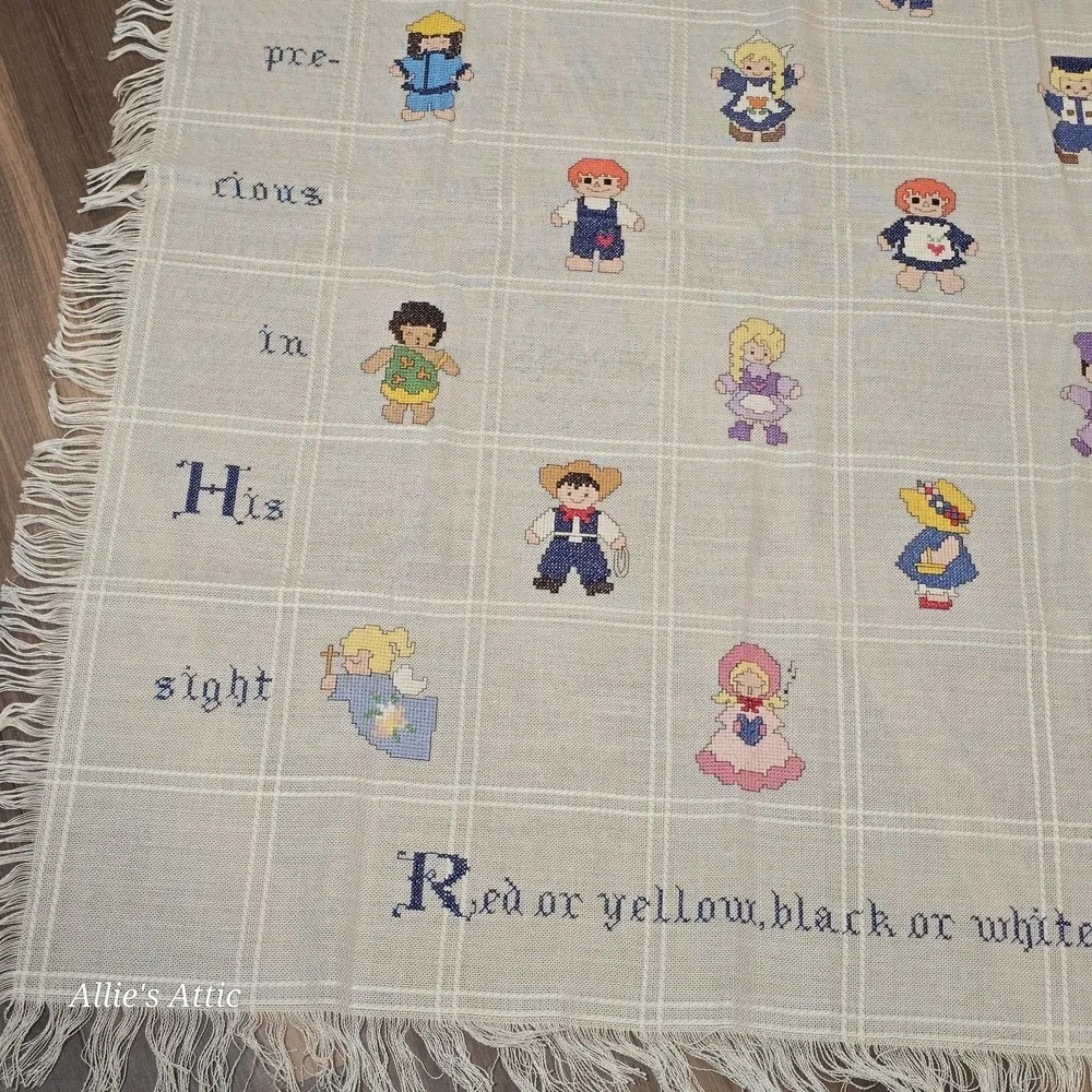 Vintage Childrens Blanket Cross Stitch Boys Girls Jesus Religious Nursery 52x39